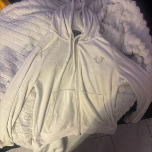 True Religion Off-White Zip-Up Hoodie with Logo